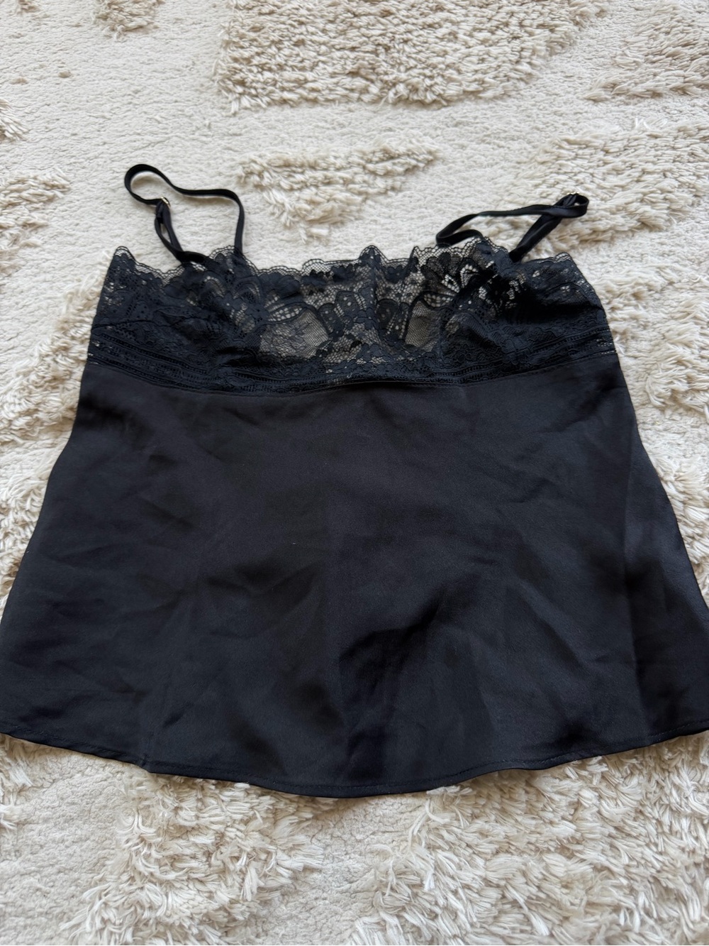 Etam Black Lace Trim Satin Cami Tank Top
